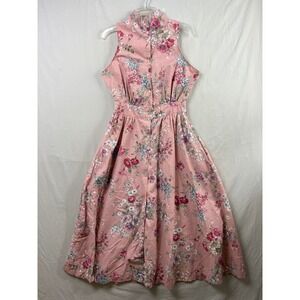 Alison J Floral Midi Dress Womens 12 Pink Sleeveless Smocked Waist Mock Neck USA